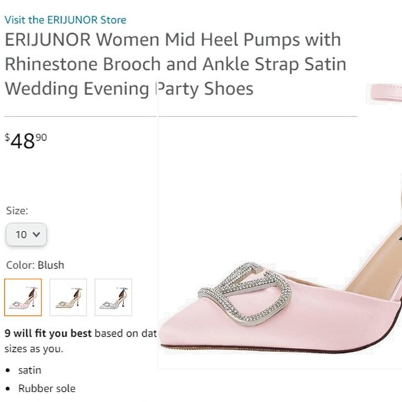 ERIJUNOR Pink Ankle Strap Satin Heels With Rhinestone Brooch  NEW IN BOX!!! - Picture 8 of 12